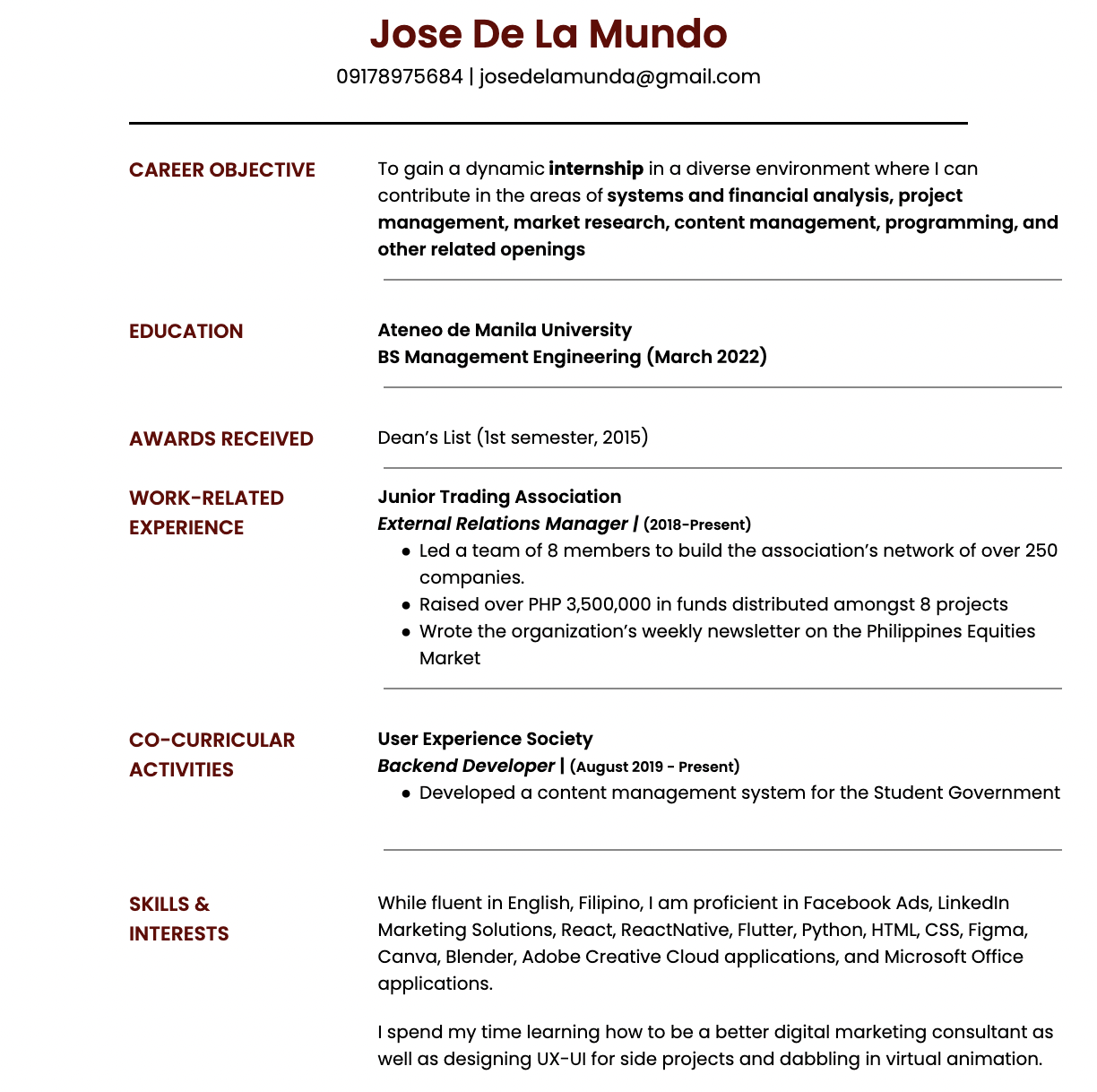 resume samples for fresh graduates